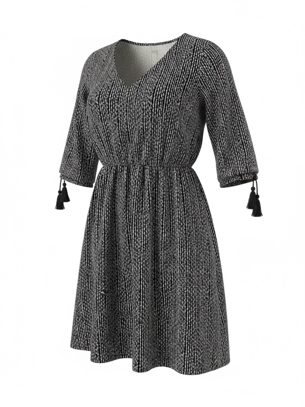 Garnet Hill Black & White V-Neck Smocked Waist Tassel-Sleeve Dress With Pockets